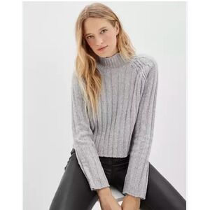 American Eagle Mock Neck Ribbed Sweater Gray Cable Knit Women's Large Cropped